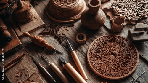 Intricate Woodcarving Tools and Artistic Wooden Crafts Display