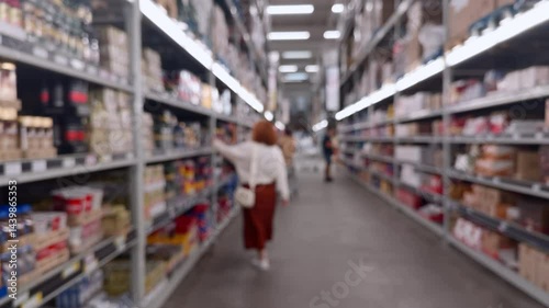 Wallpaper Mural Defocused woman pushing cart supermarket, grocery shopping shelves background, blurry food store interior, lifestyle customer scene, urban shopping environment, retail groceries, healthy consumer Torontodigital.ca