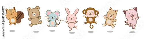 元気にジャンプするかわいい動物たち｜リス・クマ・ネズミ・ウサギ・サル・ネコ・ブタ｜ベクター素材