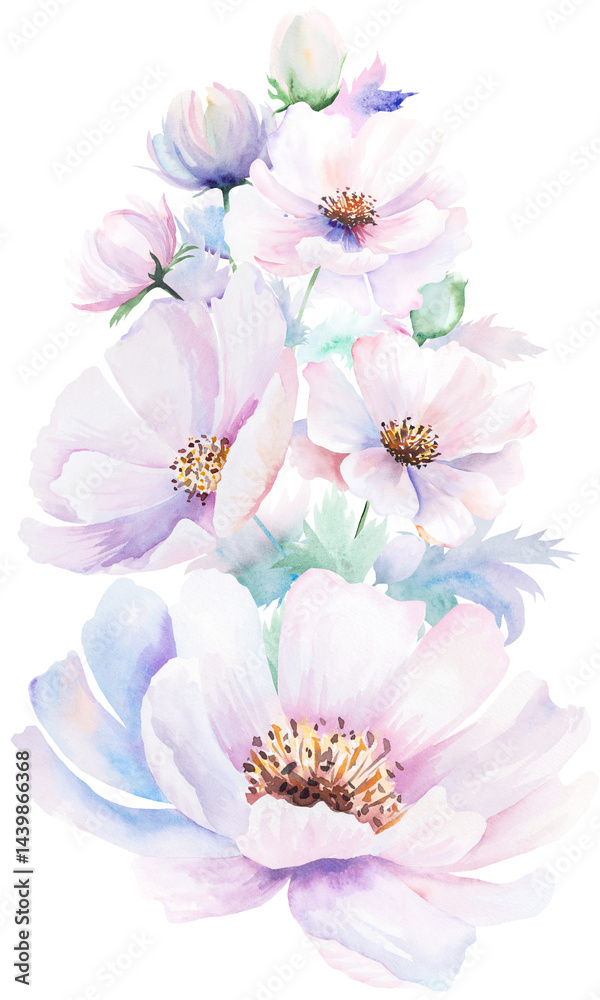 Fototapeta premium Watercolor bouquet with pink peony flowers and leaves, pastel romantic wedding isolated illustration