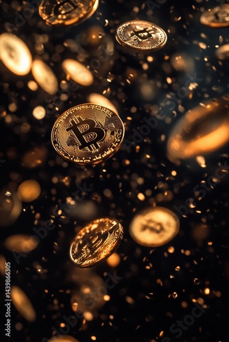 Digital currency coins in motion.  Golden crypto coins, digitally rendered, appear to be falling or flying through the air against a dark background.  A sense of speed and abundance is conveyed photo