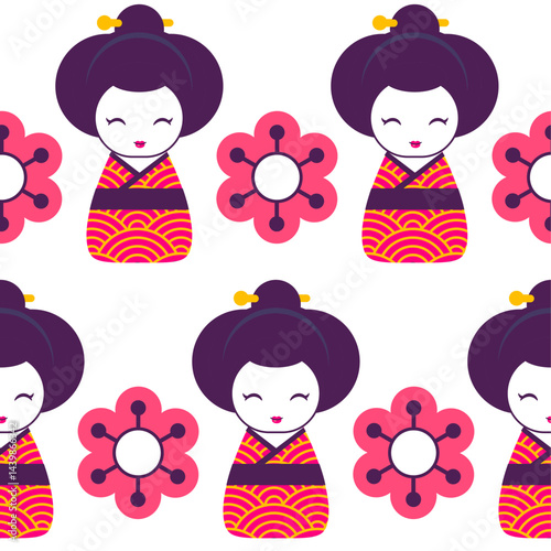 kokeshi doll and sakura vector seamless pattern