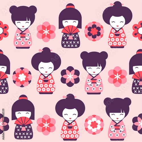 kokeshi dolls pink vector seamless pattern