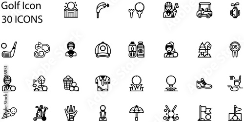 Vector Golf Icons Set. 30 Minimalist Sports Symbols for Golfing Designs.