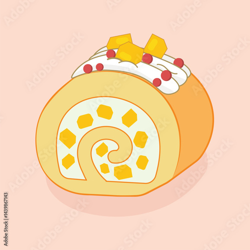 vector illustration of a piece of a mango swiss roll cake with chopped mango and cream on top, sweet dessert Cartoon design 