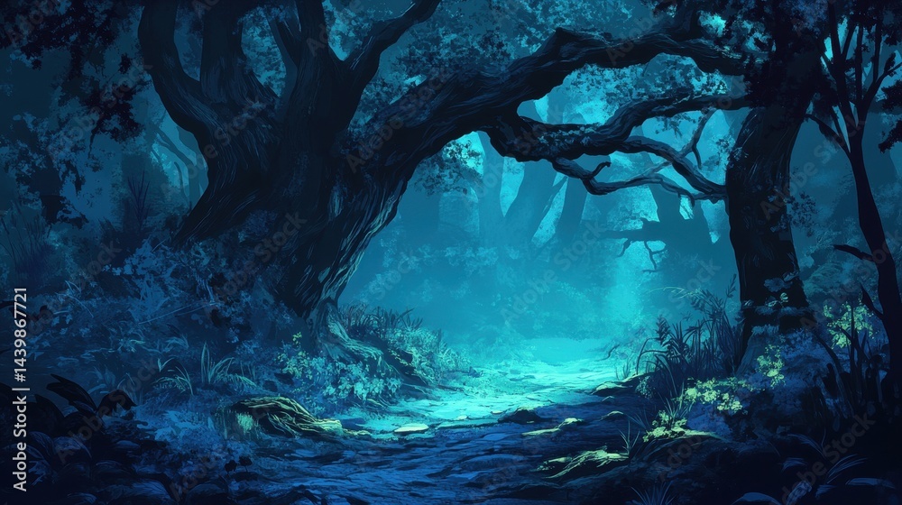 Obraz premium Woods Scene. Dark Mysterious Background with Surreal Halloween Atmosphere