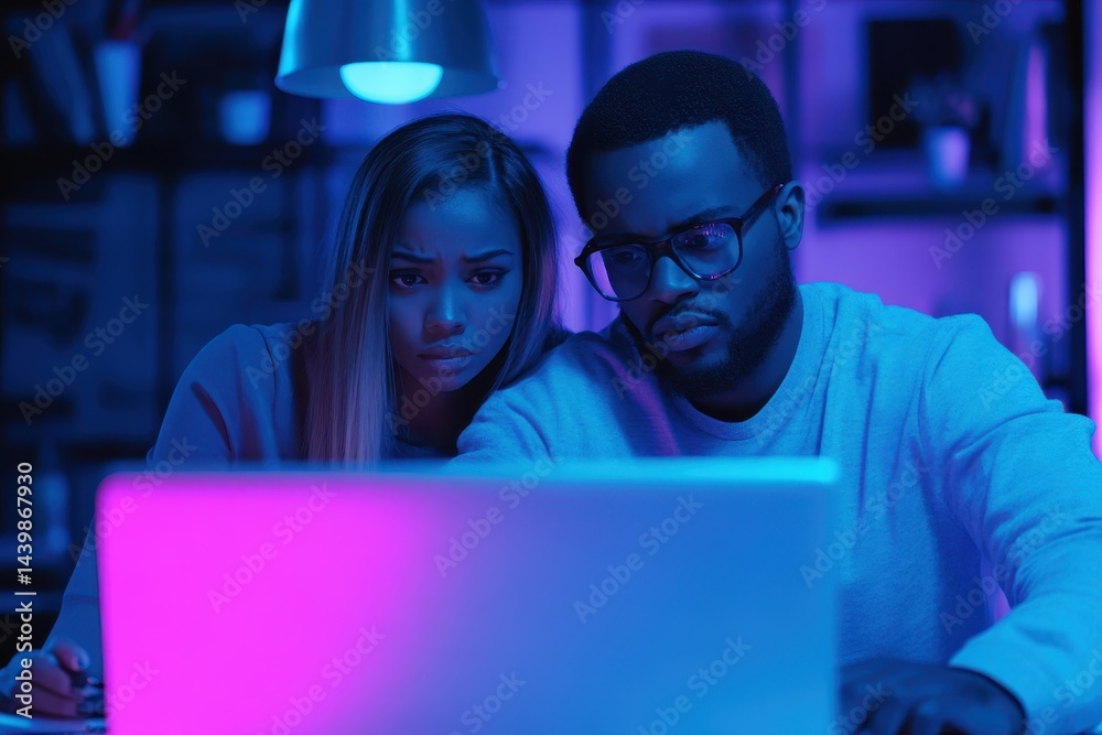 Working At A Computer Business. Multirracial Business Couple Brainstorming and Using Laptop at Office Working At A Computer Business. Multirracial Business Couple Brainstorming and Using Laptop at Office