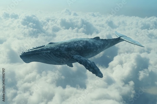 Majestic whale swimming among clouds in surreal sky. AI generative