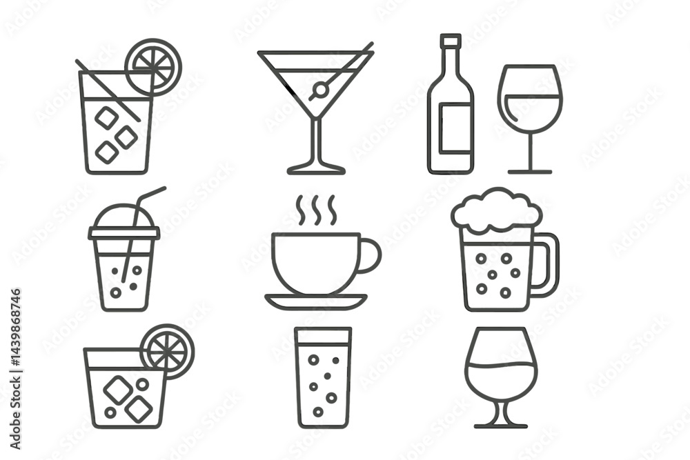 Collection of line style web icons featuring various beverages including cocktails, coffee, and soft drinks Collection of line style web icons featuring various beverages including cocktails, coffee, and soft drinks
