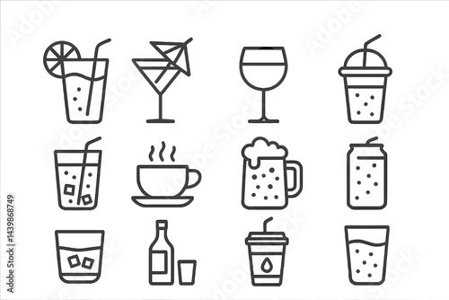Collection of line style web icons depicting various beverages and drinks for versatile digital use