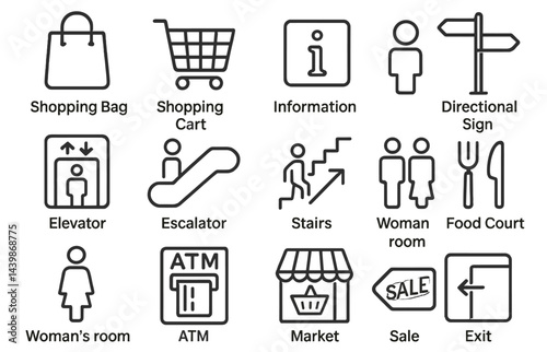 Collection of line style web icons representing various shopping and directional symbols for online use