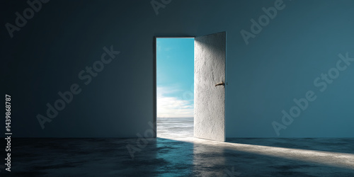 Open door revealing bright sky and horizon, symbolizing new opportunities, hope, and freedom, perfect for inspirational or motivational concepts