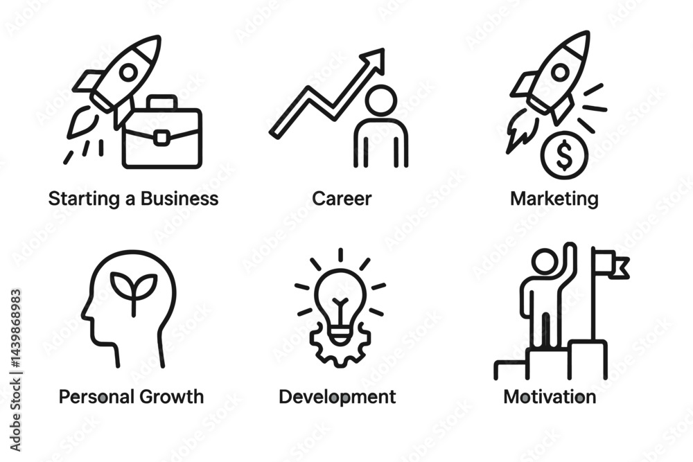 Set of web icons depicting concepts of business, career, and personal development in line art style for digital use Set of web icons depicting concepts of business, career, and personal development in line art style for digital use