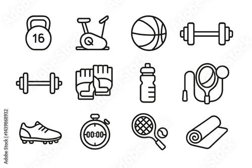 Collection of web icons showcasing sports and fitness equipment in a clean line style for graphic design projects