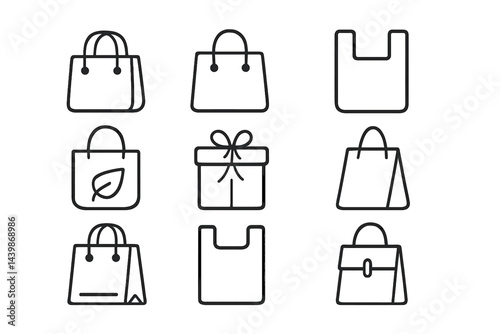 Set of nine web icons featuring shopping bags and gift boxes in a clean line style