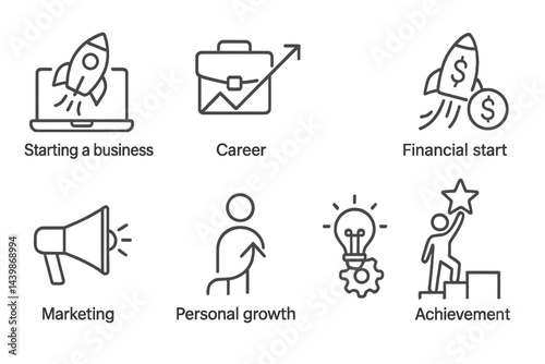 Web icons representing business themes including starting a business, career growth, and personal achievement in a minimalistic line style