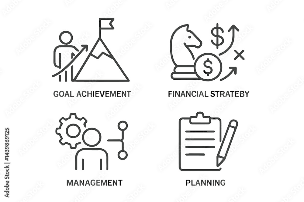 Set of web icons depicting goal achievement, financial strategy, management, and planning in line style for digital applications Set of web icons depicting goal achievement, financial strategy, management, and planning in line style for digital applications