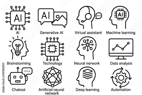 Set of web icons showcasing various elements of artificial intelligence and machine learning in a clean line style design