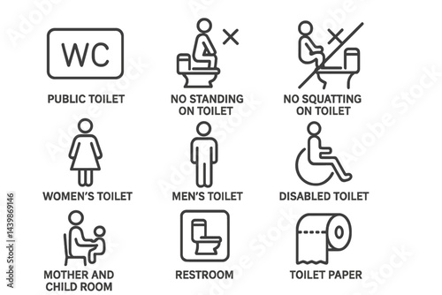 Web icons illustrating various toilet usage guidelines for public spaces including accessible facilities and rules