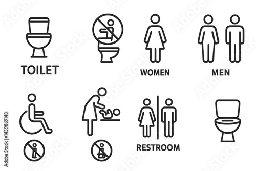 Collection of web icons representing restroom facilities and related symbols in a line design format