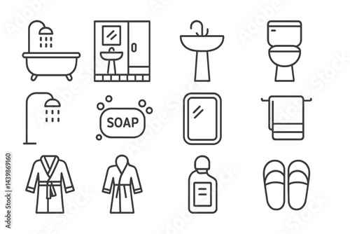 Collection of web icons representing bathroom essentials for personal care and hygiene