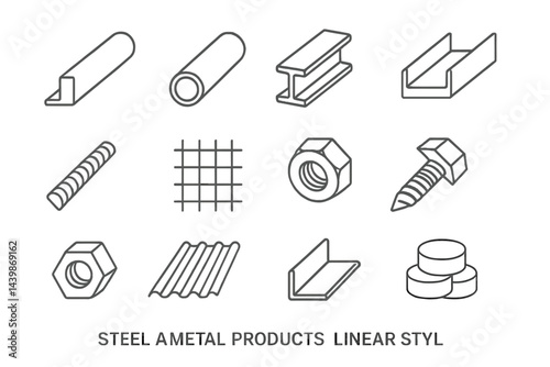 Collection of web icons featuring line style representations of various steel and metal products suitable for design and illustration uses
