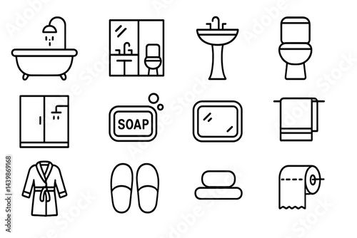 Web icons depicting various bathroom and toiletry items in line style for digital use