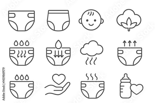 Set of web icons created in line style representing baby care essentials and comfort indicators