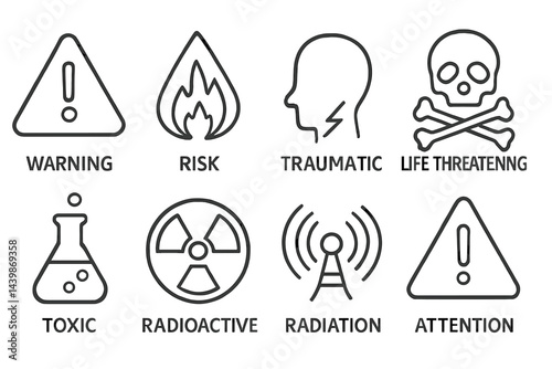 Web icons illustrating safety warnings and health risks in a clear line style for effective communication
