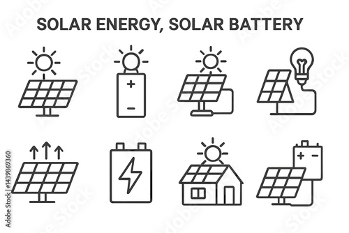 Set of web icons depicting solar energy and solar battery concepts in clean line style for digital use