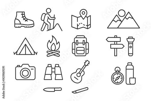 Collection of web icons depicting outdoor activities, hiking gear, and adventure essentials for travel enthusiasts