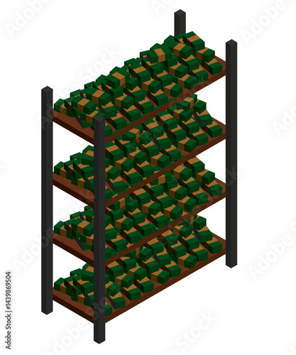 A tall wooden shelf with many green blocks on it. The blocks are stacked in rows and are of different sizes. The shelf is very tall and has four levels