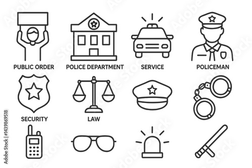 Collection of line style web icons representing law enforcement and public safety services