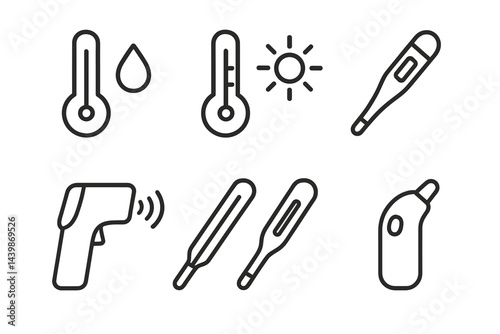Set of line style web icons representing temperature measurement and weather conditions