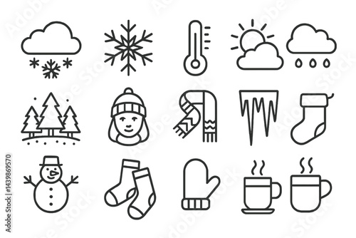 Collection of line style web icons depicting winter weather elements and seasonal activities for easy digital use