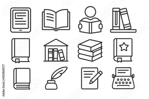 Collection of web icons depicting various reading and writing tools in line style for educational purposes