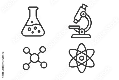Collection of line style web icons depicting scientific tools and concepts in a modern design for educational use