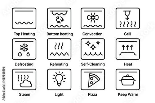 Set of web icons featuring line style representations for various cooking functions and settings in kitchen appliances