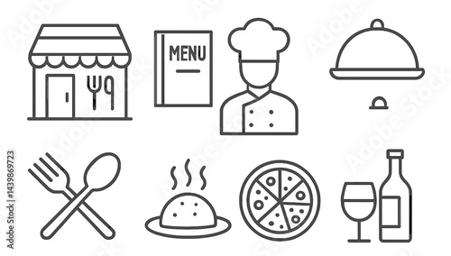 Set of web icons depicting dining elements in line style suited for food-related applications or websites