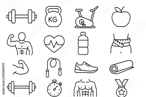 Set of web icons featuring fitness, health, and workout elements in line style for digital use