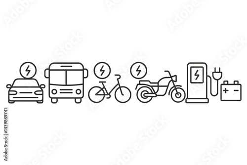 Collection of line style web icons representing various electric vehicles and charging options in a modern design