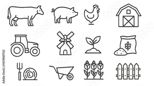 Collection of line style web icons representing farm life, agriculture, livestock, and farming tools