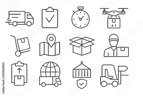 Collection of web icons depicting logistics, delivery, and transportation activities in a minimalist line style