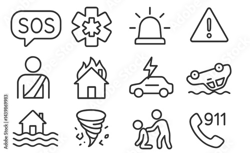 Collection of line style web icons representing emergency situations and assistance