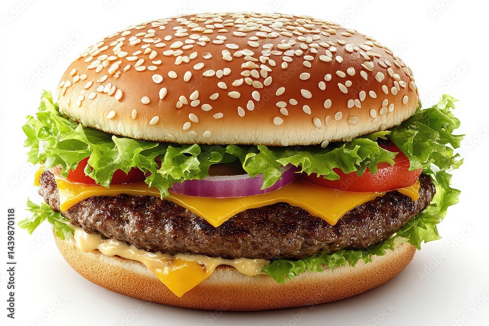 American burger with lettuce, tomato, onion and cheese American burger with lettuce, tomato, onion and cheese