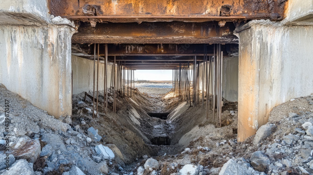 Exposed foundation with steel rods sticking out at an abandoned site Exposed foundation with steel rods sticking out at an abandoned site