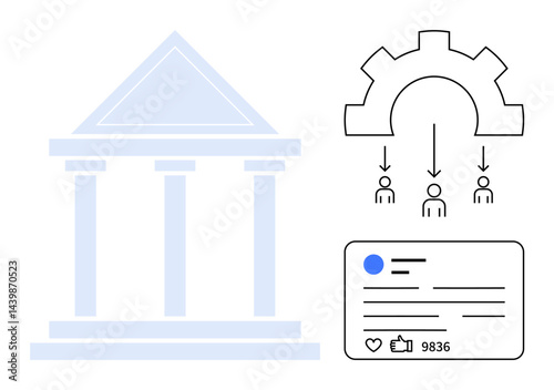 Government building, hierarchical structure with arrows pointing to individuals, and social media post with engagement metrics. Ideal for governance, leadership, communication, engagement, public