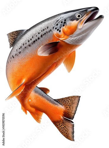 Detailed illustration of a jumping salmon with vibrant orange and silver scales and prominent fin details.