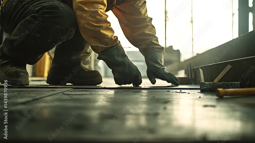 Fototapeta premium Construction Worker in Protective Gear Working on a Site