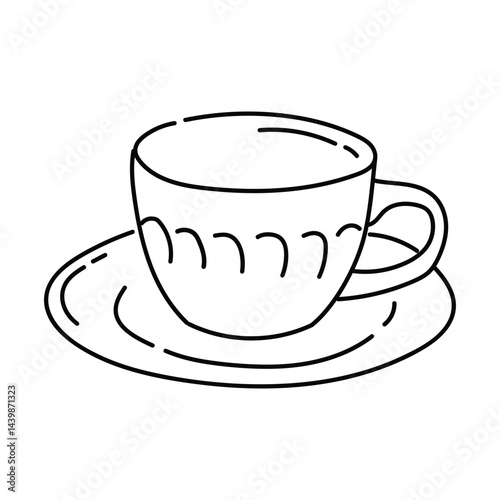 Outline cup for tea or coffee. Tableware for hot drinks. Cozy breakfast concept. For menu design, scrapbook, coloring book or decor element. Vector illustration of porcelain in doodle style.